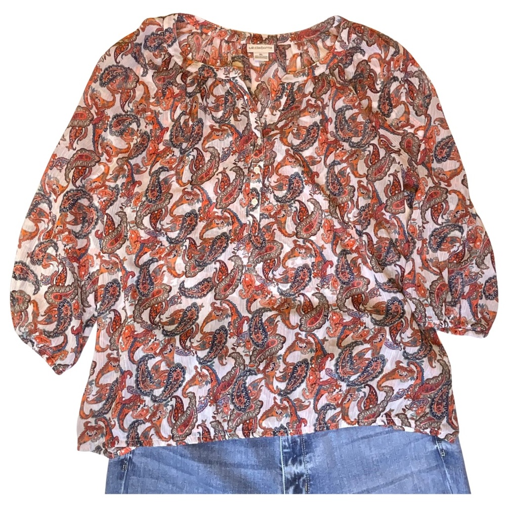 Liz Claiborne Blue & Orange Paisley XL Bohemian Preppy Academia Blouse (505)